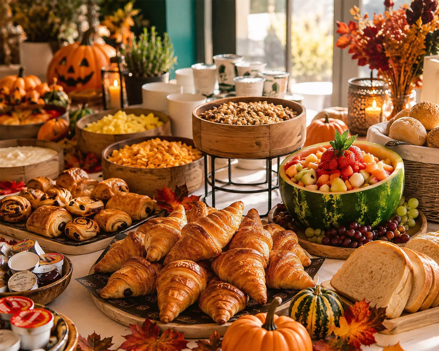 Halloween ontbijtbuffet met pompoenen en herfstdecoratie bij Ark van Noë